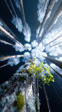 A breathtaking low-angle perspective of towering trees reaching towards a dramatic, cloudy sky. ..Created with Generative AI, not depicting real subjects.