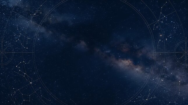 Milky Way galaxy stretching across night sky with zodiac constellations and celestial circles overlaid, perfect for astronomy, astrology, and educational content.