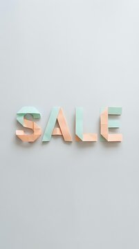 Colorful layered paper letters spelling sale in pastel peach, mint green, and cream tones on neutral background for retail marketing and promotional campaigns.
