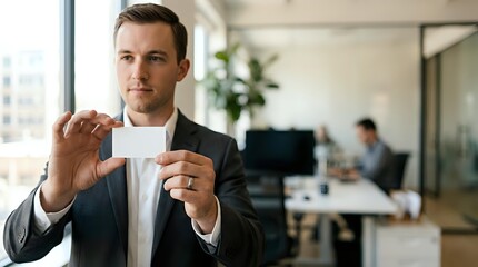 Fototapeta premium Caucasian male professional in dark business suit holding blank white business card in modern office environment with colleagues working in background.