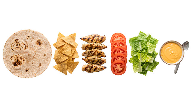 Grilled chicken wrap ingredients on white background, fresh tortilla with sliced tomatoes and lettuce, mexican food deconstructed with corn chips and dip