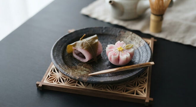 Japanese traditional sweets, sakura mochi and nerikiri wagashi shaped like a cherry blossom flower on a ceramic plate with a wooden kumiko tray.