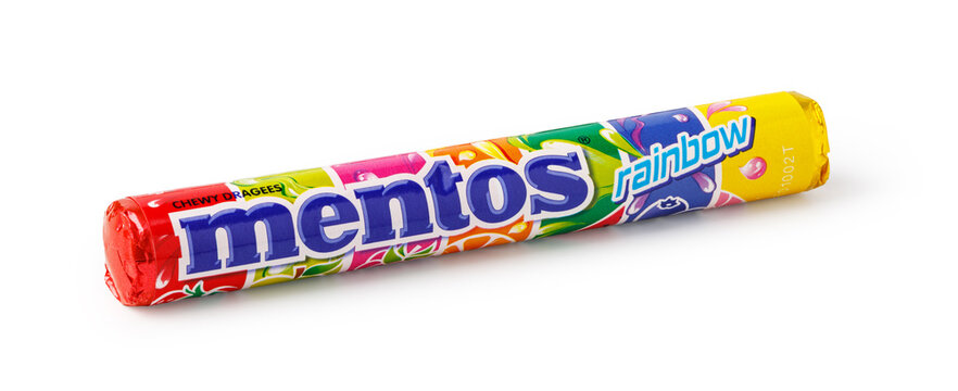 Mentos rainbow chewy dragees candy packaging on a white background