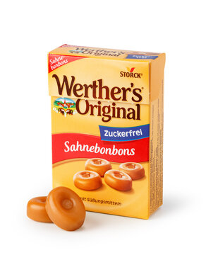 Werther's original sugar-free caramel hard candies packaging on a white background