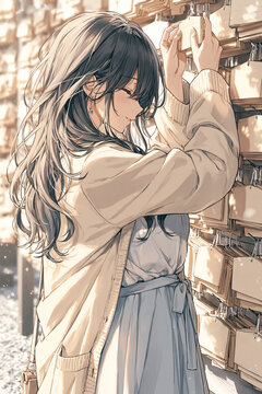 Young woman hanging a blank wooden wish plaque on a rack of plaques at a shrine in warm light,神社の絵馬掛けに願いの木札を吊るす女性　逆光の午後