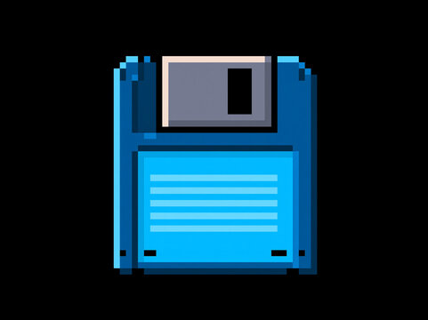 Retro pixel art of a blue floppy disk on a black background AI generative