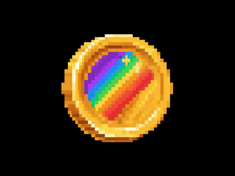 A golden coin with a rainbow stripe and a sparkle in pixel art style AI generative