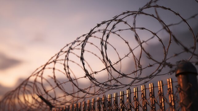 Barbed wire fence at sunset. AI generated