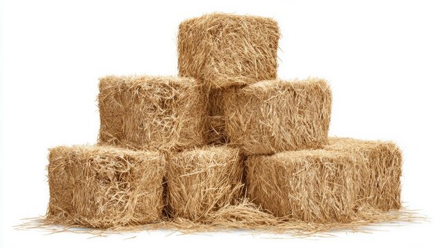 Stacked hay bales on white background. AI generated