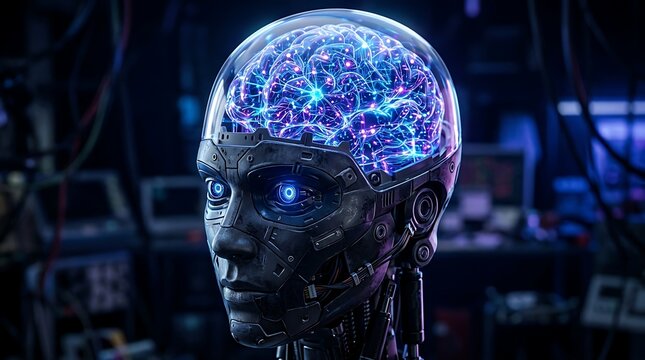 A close-up of a futuristic android head, revealing a glowing blue artificial intelligence brain, symbolizing advanced technology and the future of computing.