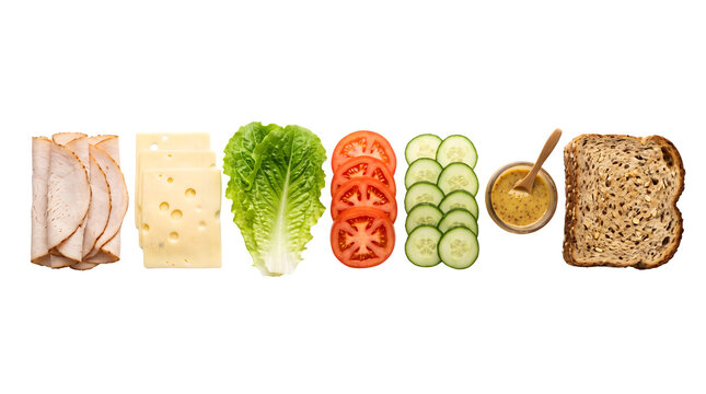 Fresh sandwich ingredients in a row, sliced turkey ham and swiss cheese with vegetables, healthy deli food components on white background