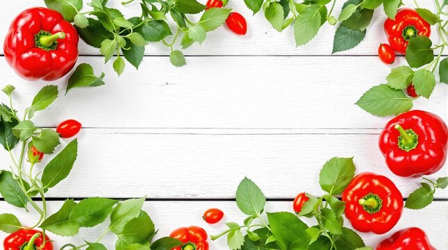 Fresh red bell peppers and green foliage arranged as a frame on a white wooden background, culinary concept for recipe cards and food blog banners