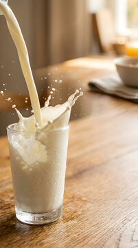 Fresh milk pouring into a cold glass on a rustic wooden table, representing World Milk Day, suitable for healthy breakfast and dairy nutrition concepts