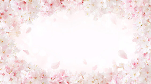 満開の桜と舞う花びらで囲んだ春のピンク背景フレーム
