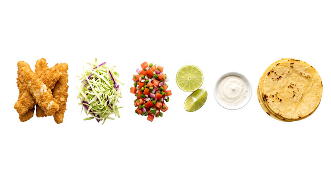 Deconstructed fish taco ingredients on white background, crispy fried fish fillets with fresh coleslaw and pico de gallo, corn tortillas and lime