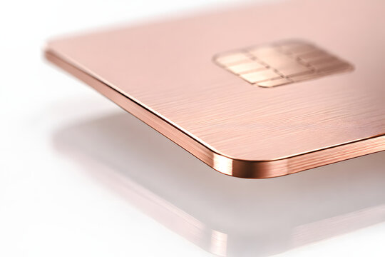 Rose gold credit card closeup on white surface with metallic reflection