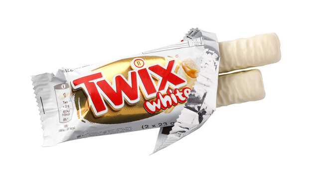 Twix white chocolate bar with opened wrapper showing treats on a transparent background