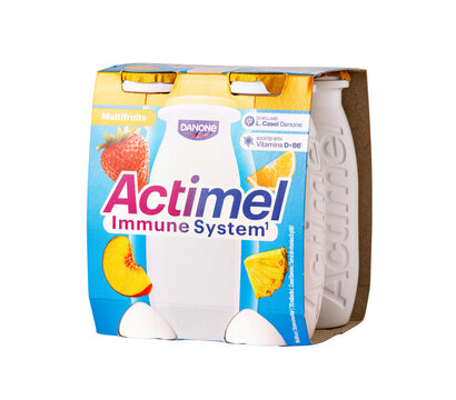 Danone actimel multifruits yogurt drink packaging with transparent background