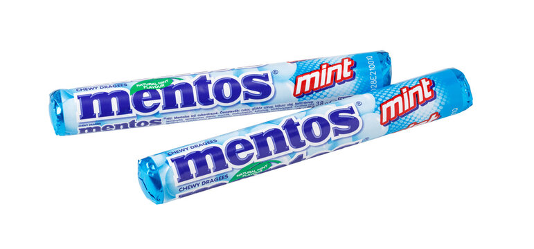 Mentos mint chewy dragees with blue packaging on transparent background