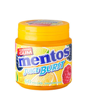 Mentos juice burst chewing gum container on a transparent background