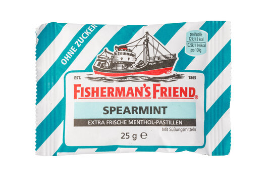 Fisherman's friend spearmint menthol pastilles sugar-free candy package on a transparent background
