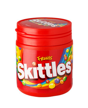 Skittles fruits candy container with colorful sweets on a transparent background