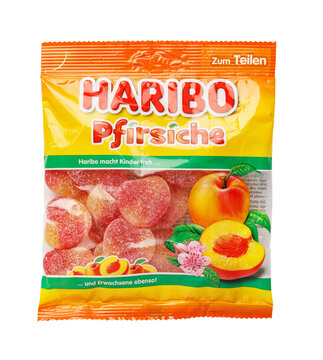 Haribo pfirsiche peach gummy candy bag with transparent background
