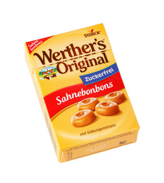 Werther's original sugar-free caramel candies box on a transparent background