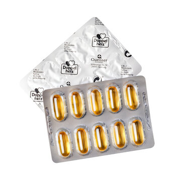 Doppelherz fish oil omega-3 capsules blister pack on a transparent background