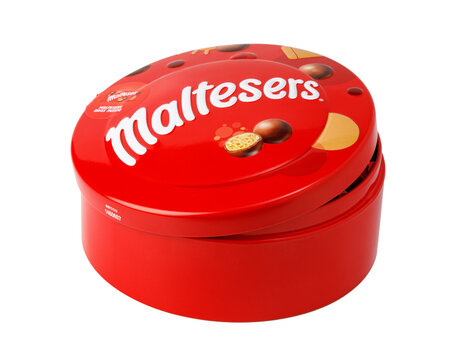 Maltesers red gift tin for chocolate candy sweets on a transparent background