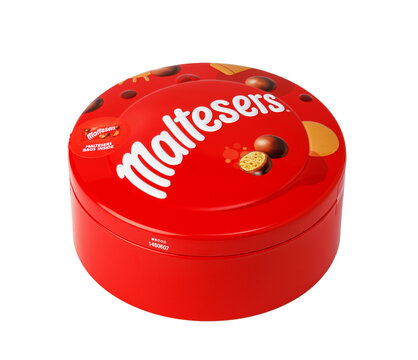 Maltesers chocolate malted milk ball candy tin on a transparent background