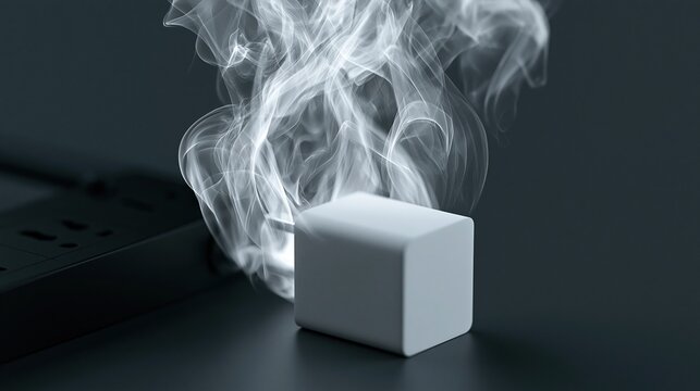 A mysterious plume of white smoke rises from a faulty power adapter, creating an evocative abstract scene.