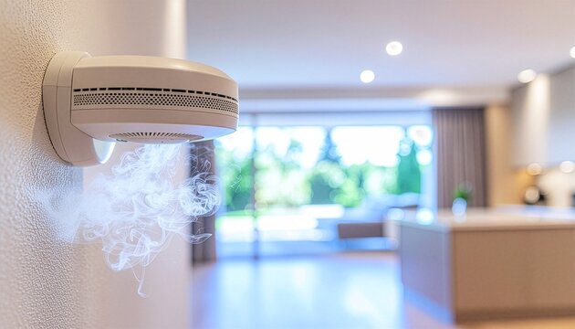 Modern smoke detector on wall detecting smoke in living room