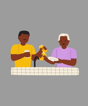 Family washing dishes animation with son and elderly mother in the kitchen