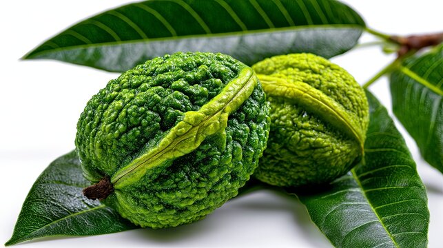 Fresh Green Spiky Fruits On Dark Leaves Closeup.
