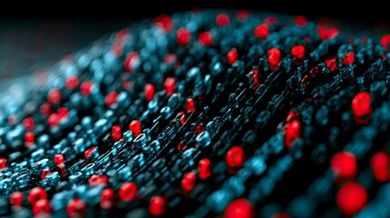 Fototapeta premium Ultra close macro view of red bead like nodes on dark weave.