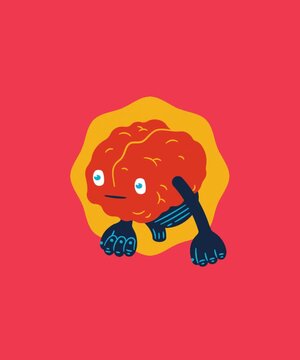 personified brain character with arms raised in excitement and expressive cartoon eyes.