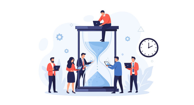 Business professionals working around a giant hourglass, symbolizing time management, deadlines, and productivity in the modern workplace.
