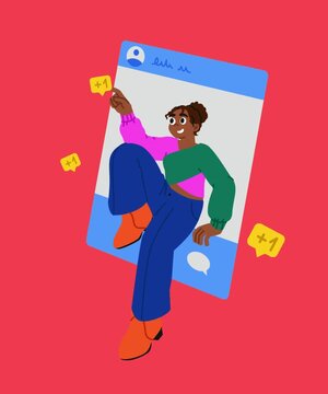character sitting on a social media post frame against a vibrant red background. The character interacts with interface elements, surrounded by floating '+1' notification icons, heart symbols, and com