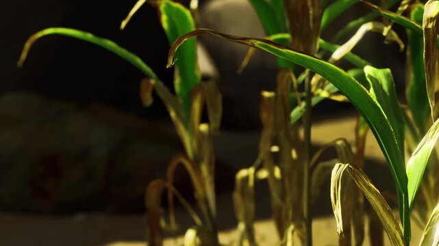 Dried corn plants stand in a rocky area. Bright sunlight shines down on the yellowed leaves. The ground shows signs of dryness and warmth.