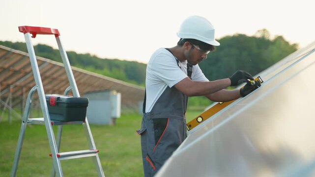 Indian technician installing solar panels using spirit level tool