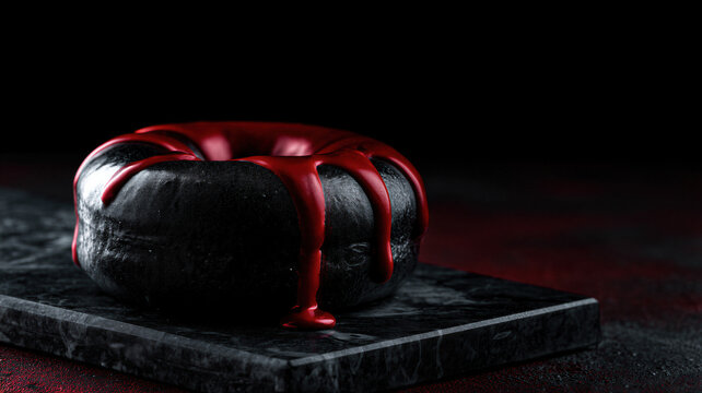 Black donut with red dripping glaze on a marble board. Spooky dessert for Halloween party. Dark gothic food concept with creative culinary style for festive holiday celebration.