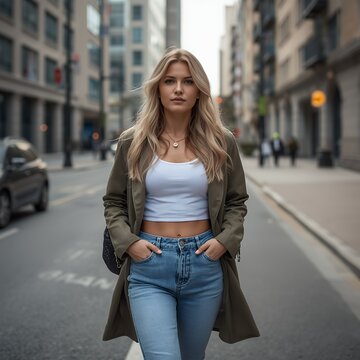 Confident Young Woman Walking on a City Street