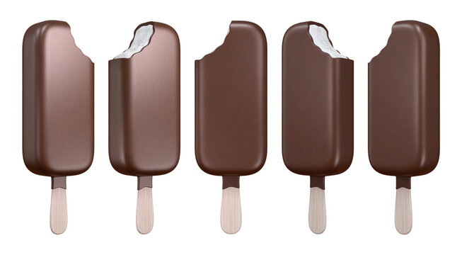 Bitten chocolate covered vanilla ice cream bars for summer dessert advertising and frozen treat packaging design.