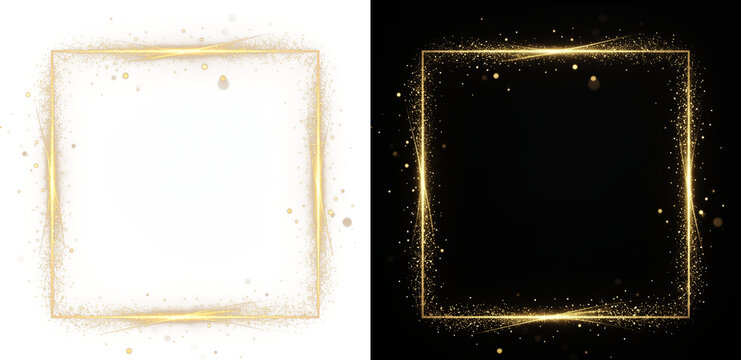 Elegant gold glitter frame set, luxury square metallic borders with shimmering dust, glowing golden sparkle frames for wedding and holiday cards isolated on Transparent Background