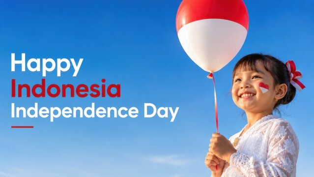 Cute happy Asian little girl holding a red and white balloon celebrating Indonesia Independence Day. Smiling Indonesian child with flag face paint against a clear blue sky with copy space