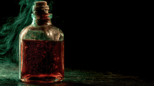 Glass bottle filled with red potion and swirling green smoke. Magical elixir in flask on dark table. Halloween mystical concept for occult ritual and fantasy witch craft background.