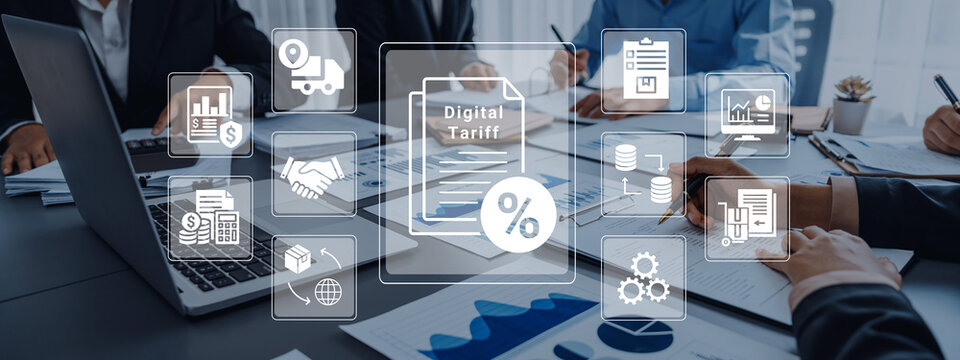 Business Meeting Focused on Digital Tariff Implementation with Graphical Icons of Technology and Finance. Glyphic.