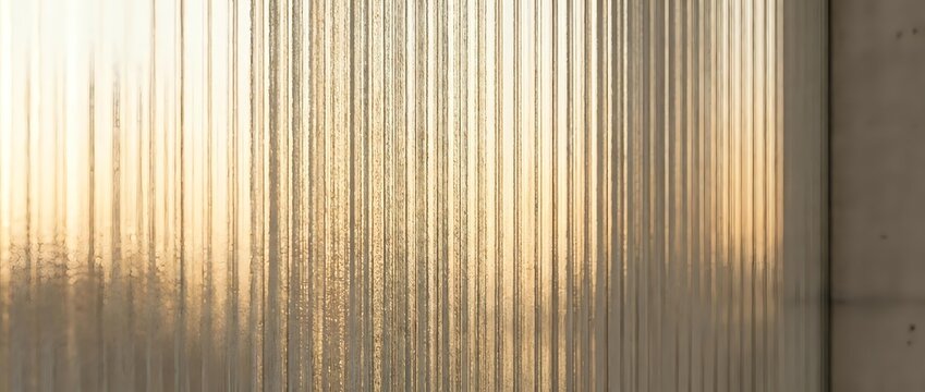 Corrugated metal surface with warm golden sunlight streaming through vertical ridges, creating dramatic shadows and highlights on industrial textured background.