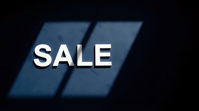 White sale text on dark blue parallelogram shapes against black background, suitable for retail promotions, advertising campaigns, and commercial marketing materials.